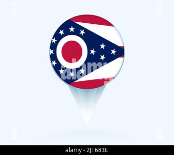 Puntatore mappa con bandiera dell'Ohio. Segno di flag vettoriale su sfondo blu. Illustrazione Vettoriale