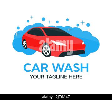 Car Wash Business, Auto Chrompolitur, sapone in schiuma, acqua, dettagli, pulizia del logo. Irroratrice ad alta pressione. Concetto di auto pulita. Autolavaggio esterno. Illustrazione Vettoriale