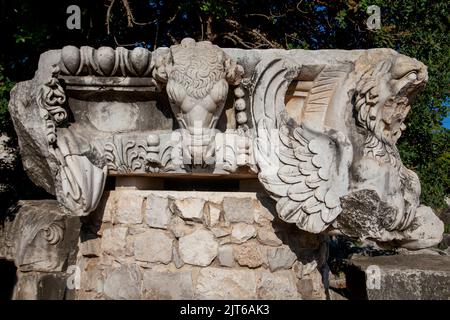 Le pietre scolpite da Didima, un antico santuario greco sulla costa di Ionia nel dominio della città di Mileto. Aydın, Turchia Foto Stock