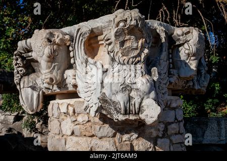 Le pietre scolpite da Didima, un antico santuario greco sulla costa di Ionia nel dominio della città di Mileto. Aydın, Turchia Foto Stock