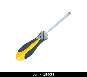 Cacciavite professionale realistico giallo e nero con logo con manico in plastica. Disegno e illustrazione di utensili manuali, riparazioni e manutenzione vettoriali. Illustrazione Vettoriale