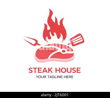 Steak House, logo del ristorante barbecue, logo con poster. Logo alla moda per barbecue con griglia barbecue, spatola e forchetta per grigliare disegno vettoriale e illustrazione Illustrazione Vettoriale