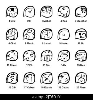 Calendario di Tzolkin, glifi del codice Maya dei venti giorni. Con numeri di sequenza e con nomi individuali dei 20 giorni in lingua Maya Yucatec. Foto Stock