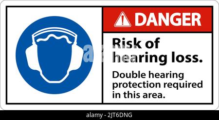 Cartello di protezione da doppia udito pericolo su sfondo bianco Illustrazione Vettoriale