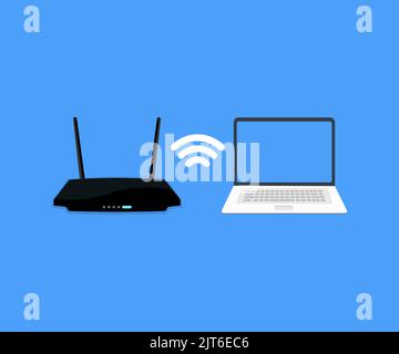 Router wireless con logo laptop. Connessione a Internet, concetti wi-fi Connect disegno vettoriale e illustrazione. Illustrazione Vettoriale