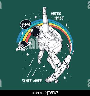 Skateboard astronauta nello spazio. Illustrazioni vettoriali per stampe di magliette, poster e altri usi. Illustrazione Vettoriale