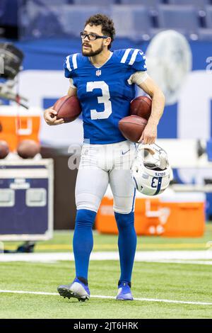 27 agosto 2022: Indianapolis Colts kicker Rodrigo Blankenship (3) durante la pre-partita di calcio NFL gioco d'azione pre-partita tra i Buccaneers Tampa Bay e gli Indianapolis Colts al Lucas Oil Stadium di Indianapolis, Indiana. Indianapolis sconfisse Tampa Bay 27-10. John Mersits/CSM. Foto Stock