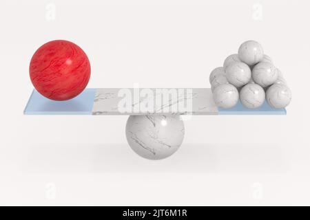 Bilancia con palline su sfondo bianco. Illustrazione 3D isolata Foto Stock
