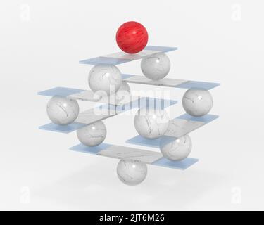 Bilancia con palline su sfondo bianco. Illustrazione 3D isolata Foto Stock