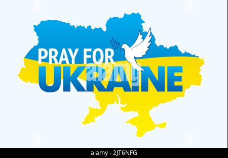 Mappa e bandiera nazionale ucraina con colomba di pace e pregare per lo slogan Ucraina. Banner che chiede di fermare la guerra della russia contro l'Ucraina. Internationa Illustrazione Vettoriale