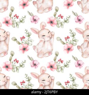 Acquerello senza cuciture con conigli carini e fiori. Animali selvatici, eucalipto, fiori di anemone rosa. Adorabile lepre e vegetazione disegnata a mano backg Foto Stock