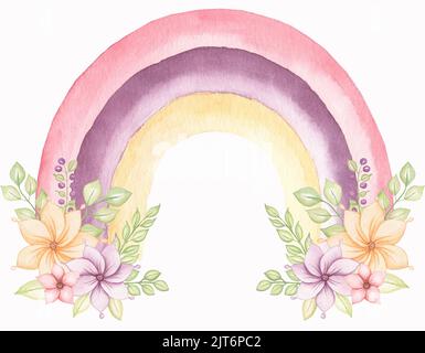 Acquerello carino arcobaleno con bouquet di fiori. Illustrazioni per bambini, stampa scandinava, arredamento vivaio sogni dolci, sogno grande. Invito dell'acquazzone del bambino, g Foto Stock