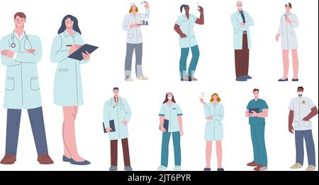 Personaggi del medico e dell'infermiere. Felice ospedale lavoratori, infermieri laboratorio ritratto. Professionisti del gruppo di assistenza medica. Vettore di kicky sanitario e clinico Illustrazione Vettoriale