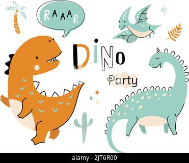 Poster dei dinosauri per una bella festa per bambini. Carino dino stampa t-shirt, scheda arte con divertenti dinosauri. Isolati animali preistorici selvatici per la scuola materna di oggi Illustrazione Vettoriale