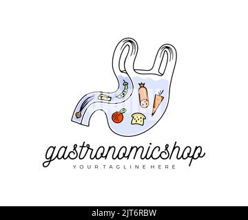 Stomaco sotto forma di una borsa di spesa con prodotti, logo design. Cibo, verdura, frutta, salsiccia, pane e formaggio, disegno vettoriale e illustrazione Illustrazione Vettoriale