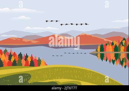 Autunno montagna lago valle vettore paesaggio poster. Caduta foresta sullo sfondo montagne. Giorno luminoso in autunnale calma lago cartone animato illustrazione Illustrazione Vettoriale