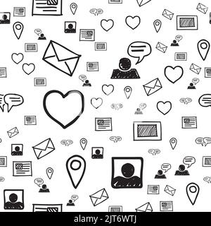 Smartphone, cuori, amore SMS e comunicazioni modello senza interruzioni. Icone di interazione disegnate a mano disposte casualmente su sfondo bianco. Avvolgimento o nastro r Illustrazione Vettoriale