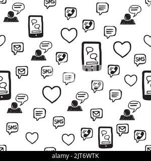 Smartphone, cuori, amore SMS e comunicazioni modello senza interruzioni. Icone di interazione disegnate a mano disposte casualmente su sfondo bianco. Avvolgimento o nastro r Illustrazione Vettoriale