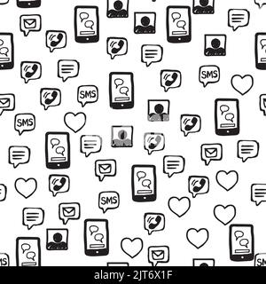 Smartphone, cuori, amore SMS e comunicazioni modello senza interruzioni. Icone di interazione disegnate a mano disposte casualmente su sfondo bianco. Avvolgimento o nastro r Illustrazione Vettoriale