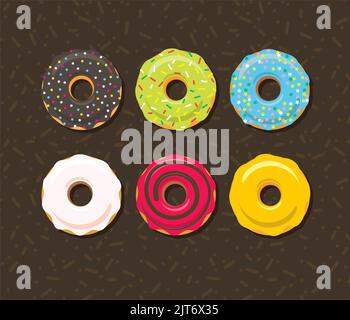 Set di icone a forma di ciambella. Ciambelle a velo con zucchero dolce nella glassa con farcitura colorata. Illustrazione del vettore eps8. Illustrazione Vettoriale