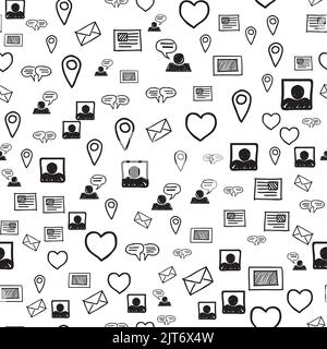 Smartphone, cuori, amore SMS e comunicazioni modello senza interruzioni. Icone di interazione disegnate a mano disposte casualmente su sfondo bianco. Avvolgimento o nastro r Illustrazione Vettoriale