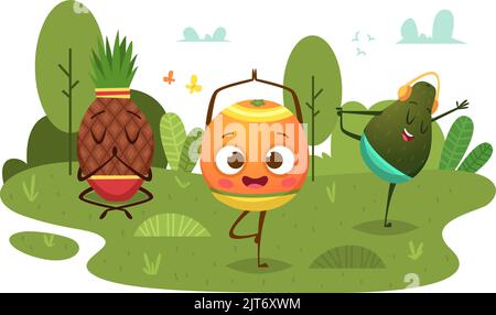 Frutta caratteri. Sport frutta sana fare esercizi yoga relax pone vettore esatto mascotte cartoon sfondo Illustrazione Vettoriale