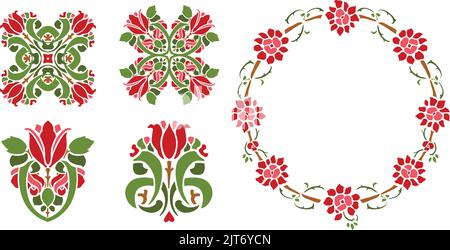 Un set di vintage vettore decorativo stencil bordi rosa e icone. Illustrazione Vettoriale