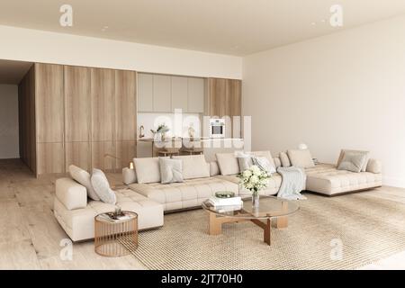 Soggiorno dell'hotel di lusso. Di stile moderno di colore beige. Cucina in legno. Muro vuoto mock up. Ampio spazio aperto. illustrazione di rendering 3d. Foto Stock