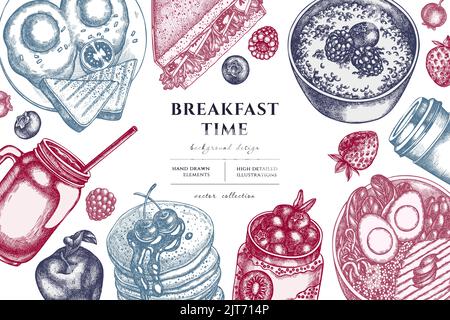 Disegno di illustrazione disegnato a mano per la colazione. Sfondo con panino d'annata, frittelle, ciotola con avocado, porridge con frutti di bosco, budino di chia, fritto Illustrazione Vettoriale