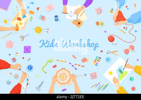 Workshop fai da te per bambini. Bambino fatto a mano, insegnamento hobby artigianato ricamo artigianato, mani bambini fare arte da carta da imballaggio tavolo studio creativo, illustrazione vettoriale di artigianato diy workshop Illustrazione Vettoriale