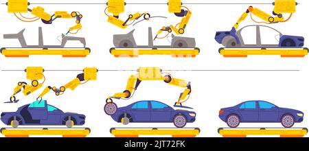 Montaggio in fabbrica. Linea di produzione auto per impianti automobilistici, macchine per trasportatori industriali processo di assemblaggio automatico auto motore produzione vettoriale illustrazione di attrezzature per trasportatori Illustrazione Vettoriale