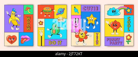 Poster per mascotte alla moda. Cartoon divertente retro personaggi carte quadrate su poster psichedelico, trippy groovy fiore brillante pazzo astratto arte 70s doodle cuore stella illustrazione vettore di personaggio mascotte Illustrazione Vettoriale