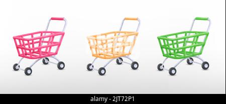 3d tram supermercato. Rendete carrello vuoto ipermercato carrello vuoto, isolato plastilina plastica ruota carrelli consegna negozio regalo ecommerce consumismo, ordinato vettore illustrazione del carrello acquisto negozio Illustrazione Vettoriale