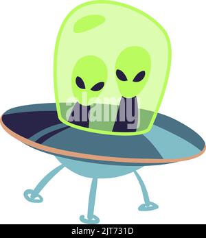 Alieno verde in piattino volante. Icona della navicella spaziale UFO Illustrazione Vettoriale