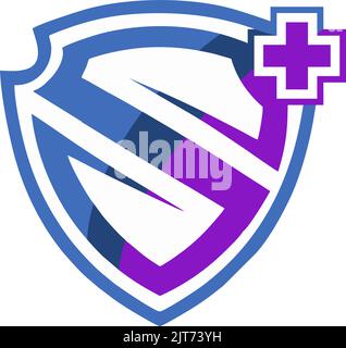 Un logo con lettera S a forma di scudo e segno più isolato su sfondo bianco, modificabile Illustrazione Vettoriale
