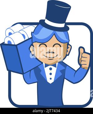 Un cameriere maschio con logo in tuta classica con una scatola di oggetti isolati su sfondo bianco, modificabili Illustrazione Vettoriale