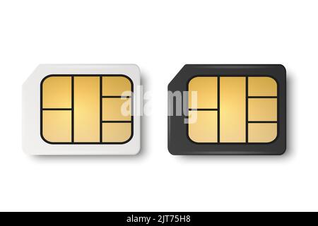 Set di template per scheda Micro SIM in plastica bianca e nera Vector 3D Realistic isolato. Modello di progettazione della scheda Micro SIM per Mockup, Branding. Vista dall'alto Illustrazione Vettoriale