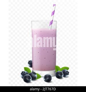 Succo di mirtillo, cocktail, frullato o yogurt in vetro con paglia, isolato su fondo trasparente. Rappresentazione realistica del vettore 3D Illustrazione Vettoriale