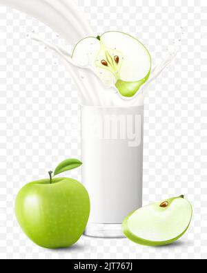 Apple cadendo in un bicchiere di latte o yogurt. Spruzzi di latte dolce. Bandiera pubblicitaria milkshake di frutta, getto di yogurt, gocce volanti, bevanda bianca in vetro cu Illustrazione Vettoriale