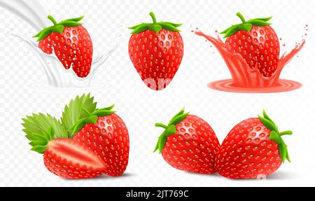 Intero e fetta di fragola, fragola in un tuffo di succo con gocce, fragola in un tuffo di latte o yogurt, 3D realistico vettore set, isolato Illustrazione Vettoriale