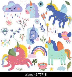 Simpatico Unicorno colorato con arcobaleno coda, uccello, nuvola, fiori e testa cavallo in stile cartone animato. Cavalli magici in diverse pose. Illustrazione vettoriale. Illustrazione Vettoriale