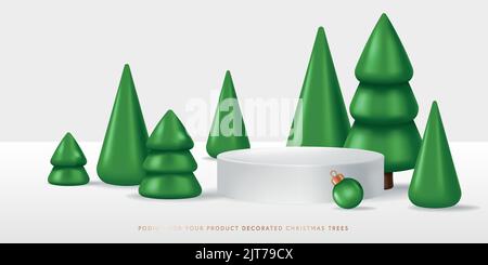 Podio per il tuo prodotto decorato verde alberi di Natale. Rappresentazione vettoriale realistica in stile 3D Illustrazione Vettoriale
