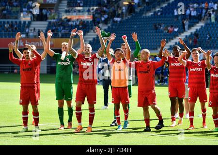 Gent, Belgio. 28th ago, 2022. I giocatori di Anversa festeggiano dopo aver vinto una partita di calcio tra il KAA Gent e il Royal Antwerp FC, domenica 28 agosto 2022 a Gent, il 6° giorno della prima divisione del campionato belga della 'Jupiler Pro League' del 2022-2023. BELGA PHOTO JOHAN EYCKENS Credit: Belga News Agency/Alamy Live News Foto Stock