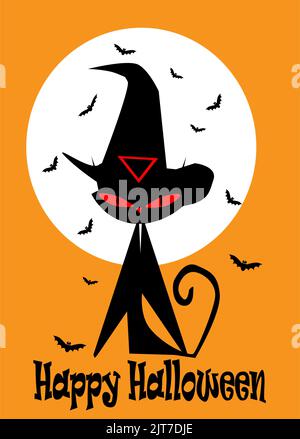 Gatto nero con cappello di strega, chiaro di luna e felice testo di Halloween, illustrazione di sfondo arancione Foto Stock