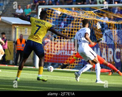 Bruxelles, Belgio. 28th ago, 2022. Il vincitore di Union Boniface segna un gol durante una partita di calcio tra Royale Union Saint-Gilloise e RSC Anderlecht, domenica 28 agosto 2022 a Bruxelles, il giorno 6 della prima divisione del campionato belga della 'Jupiler Pro League' del 2022-2023. BELGA PHOTO DAVID PINTENS Credit: Belga News Agency/Alamy Live News Foto Stock