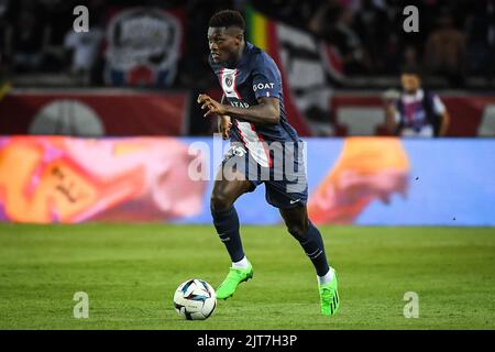 Parigi, Francia. 28th ago, 2022. Nuno Mendes di PSG durante la partita Ligue 1 tra Paris Saint-Germain (PSG) e COME Monaco allo stadio Parc des Princes il 28 agosto 2022 a Parigi, Francia. (Credit Image: © Matthieu Mirville/ZUMA Press Wire) Credit: ZUMA Press, Inc./Alamy Live News Foto Stock