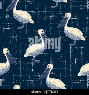 Acquerello bianco pelican modello senza cuciture. Disegnato a mano blu marino acquerello uccello sfondo. Illustrazione degli uccelli oceanici. Stampa modello per poster, wrap Foto Stock