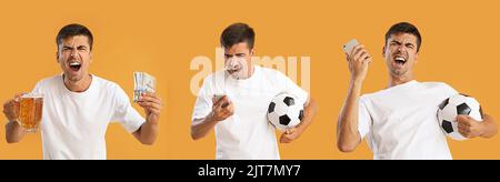 Collage di uomo felice con palla da calcio, telefono cellulare, birra e denaro su sfondo arancione Foto Stock