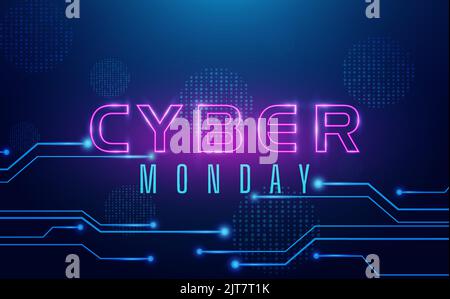 cyber monday testo effetto neon, con tecnologia sfondo blu scheda circuito illustrazione Illustrazione Vettoriale
