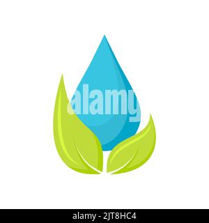 Goccia d'acqua verde foglia di acqua di purificazione logo piatto. Acqua naturale fonte potabile purificata mare conservazione ambientale logo azienda eco friendly adesivi annunci web business concetto semplice isolato Illustrazione Vettoriale